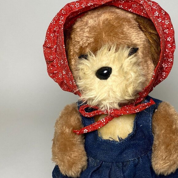 1981 Dakin Plush Puppy Dog Stuffed Animal w Red Bonnet Denim Dress Vintage - Picture 2 of 8
